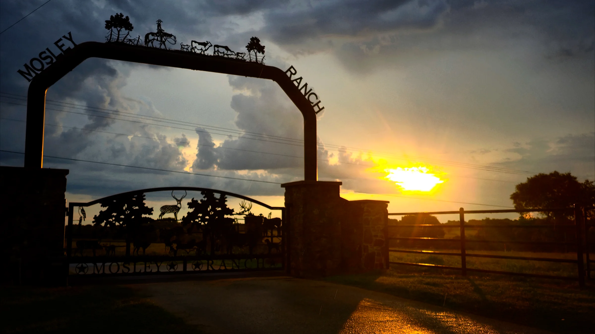 Mosley Ranch at sunset, the sun low on the horizon